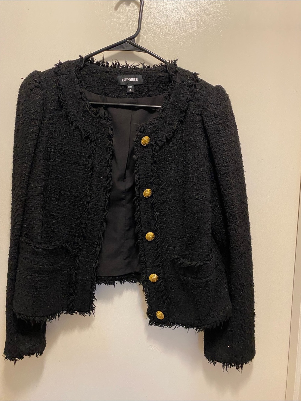 Express Black Tweed Cropped Jacket with Gold Buttons